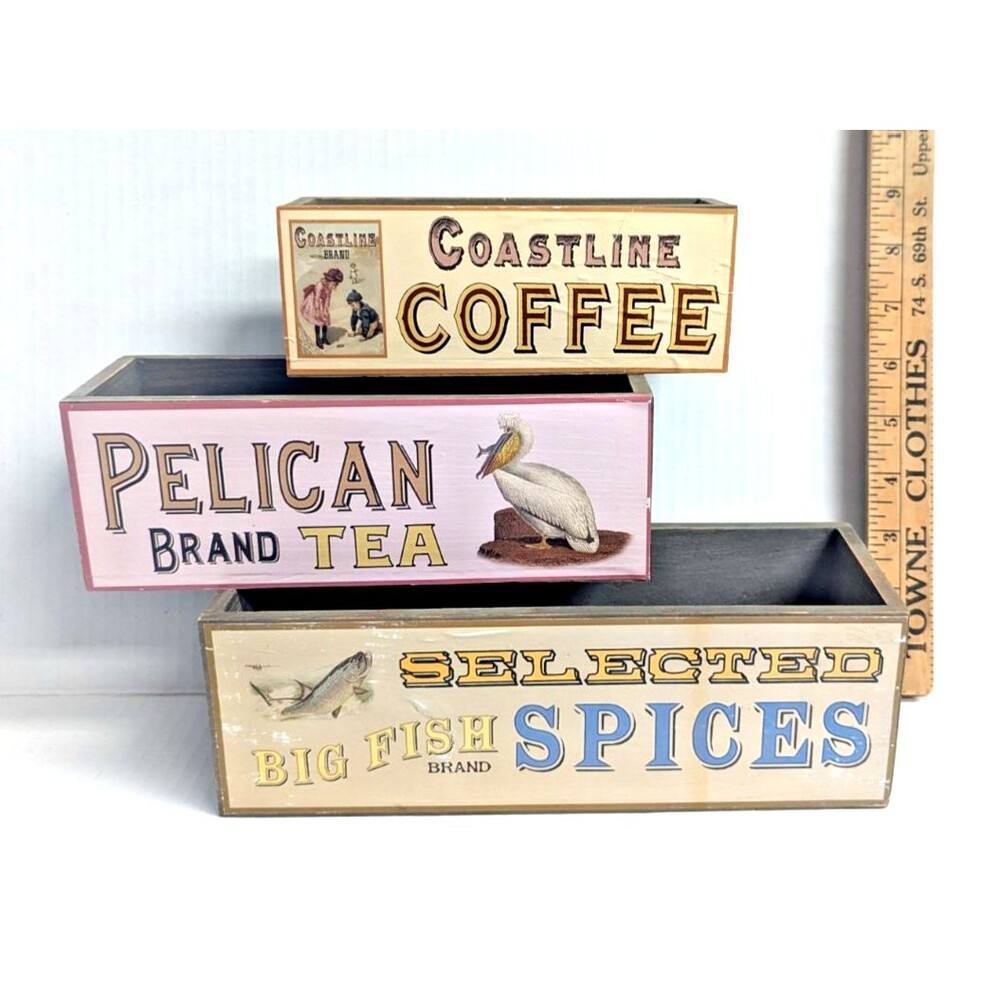 Decorative Wood Boxes 3pc Rectangle Spice Coffee Tea Labels Rustic Storage Gift - Picture 2 of 10